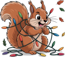 Cute squirrel wrapped in Christmas lights garland holiday decoration