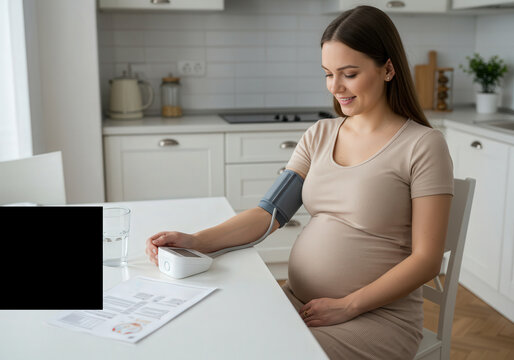Pregnant woman monitoring blood pressure in a modern kitchen for health