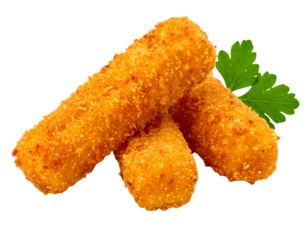 - Whole Fried Mozzarella Sticks with Crispy Golden Crust and Parsley Sprig, Isolated PNG