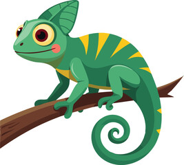 Fototapeta premium A funny green cartoon chameleon, a cute reptile character, is isolated on a white background