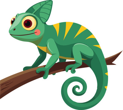 Naklejki A funny green cartoon chameleon, a cute reptile character, is isolated on a white background
