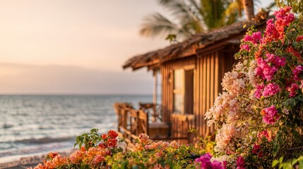 Fototapeta premium A beachfront bungalow bathed in golden hour light, evoking tropical serenity.