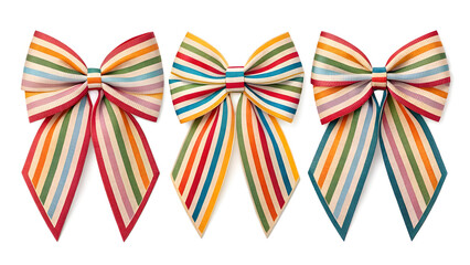Three striped ribbon bows in rainbow colors isolated on a white background stripes