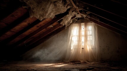 Fototapeta premium Attic room with rustic beams and window
