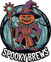 Obraz premium Pumpkin Wizard Brews Halloween Potion in Dark Forest Illustration
