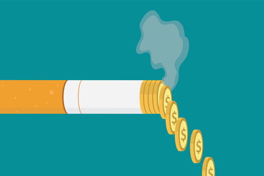 Stop smoking campaign, save money. Smoking is expensive, is costly. Concept of cigarette made of golden coins with dollar sign. Dollar coins fall out of cigarette butt.