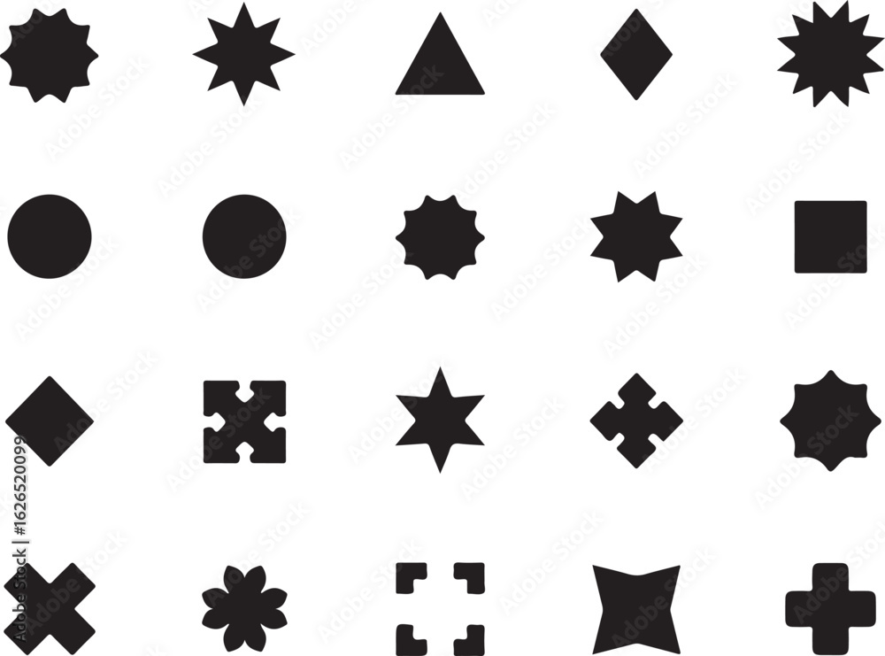 Poster assorted black geometric shapes on white background circle star triangle square and more