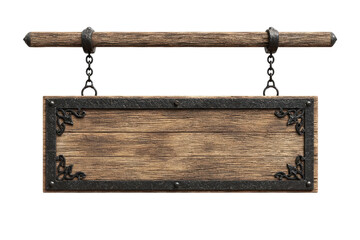 Wooden signboard, hanging from a wooden beam with ornate metal accents