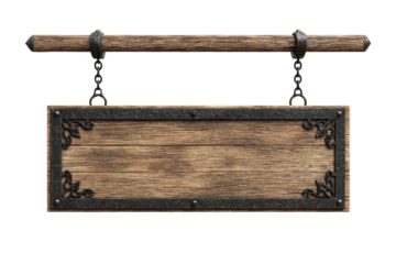 Wooden signboard, hanging from a wooden beam with ornate metal accents