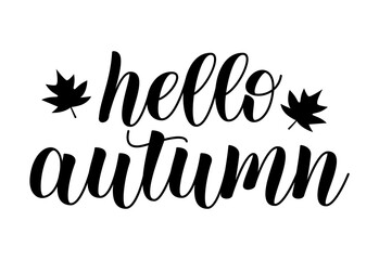 Seasonal greeting hello autumn welcoming fall with decorative leaves. Stylized text captures the essence of autumn, featuring the phrase  alongside decorative leaves.
