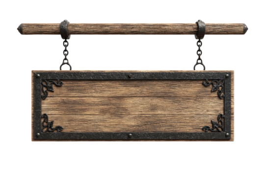 Wooden signboard, hanging from a wooden beam with ornate metal accents