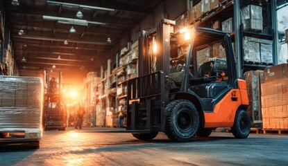 A forklift stands ready in a large warehouse filled with stacked boxes, its headlights illuminating the industrial space and suggesting efficient logistics.