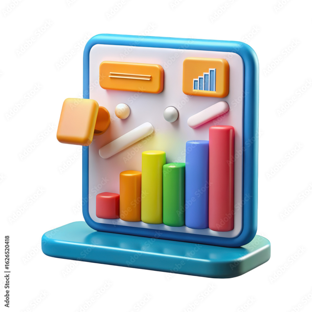Poster abstract 3d data analytics dashboard displaying colorful column charts and floating shapes for busin