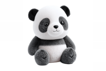 Cute fluffy panda toy sitting, isolated on white transparent background.