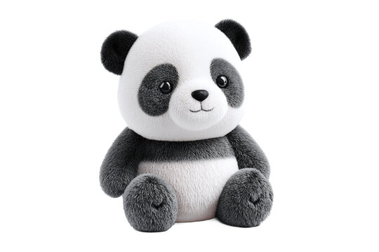 Cute fluffy panda toy sitting, isolated on white transparent background.