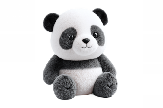 Cute fluffy panda toy sitting, isolated on white transparent background.