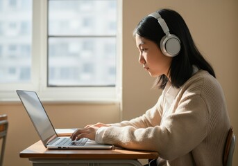 Asian teen girl studying with laptop and headphones in sunlit classroom
