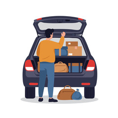 Naklejka premium Man closing full car trunk packed with bags and boxes
