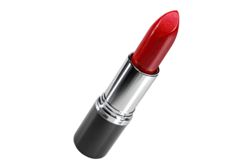 Close-up of a vibrant red lipstick in a metallic silver and black tube.  The lipstick is pointed at one end and angled to the right