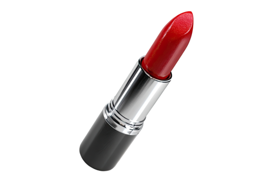 Close-up of a vibrant red lipstick in a metallic silver and black tube.  The lipstick is pointed at one end and angled to the right
