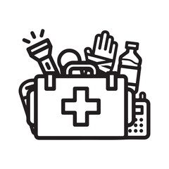 Black and white line art illustration of an emergency preparedness kit, featuring a first aid box, flashlight, water bottle, glove, and radio, on a white background, representing safety and readiness.