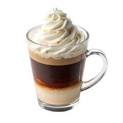Delicious layered coffee drink topped with whipped cream in a clear glass mug