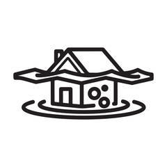 Black and white vector icon illustration of a house partially submerged in water, symbolizing flood, emergency, or natural disaster.