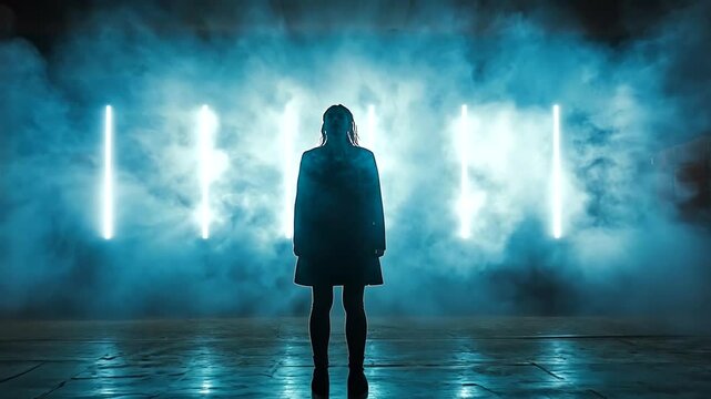 Mysterious woman standing in foggy neon lit room creates dramatic atmosphere