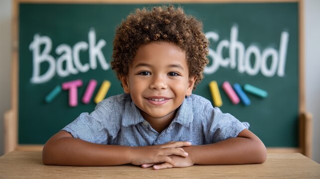 happy young child smiling behind a green chalkboard with colorful "Back to School" text written in chalk