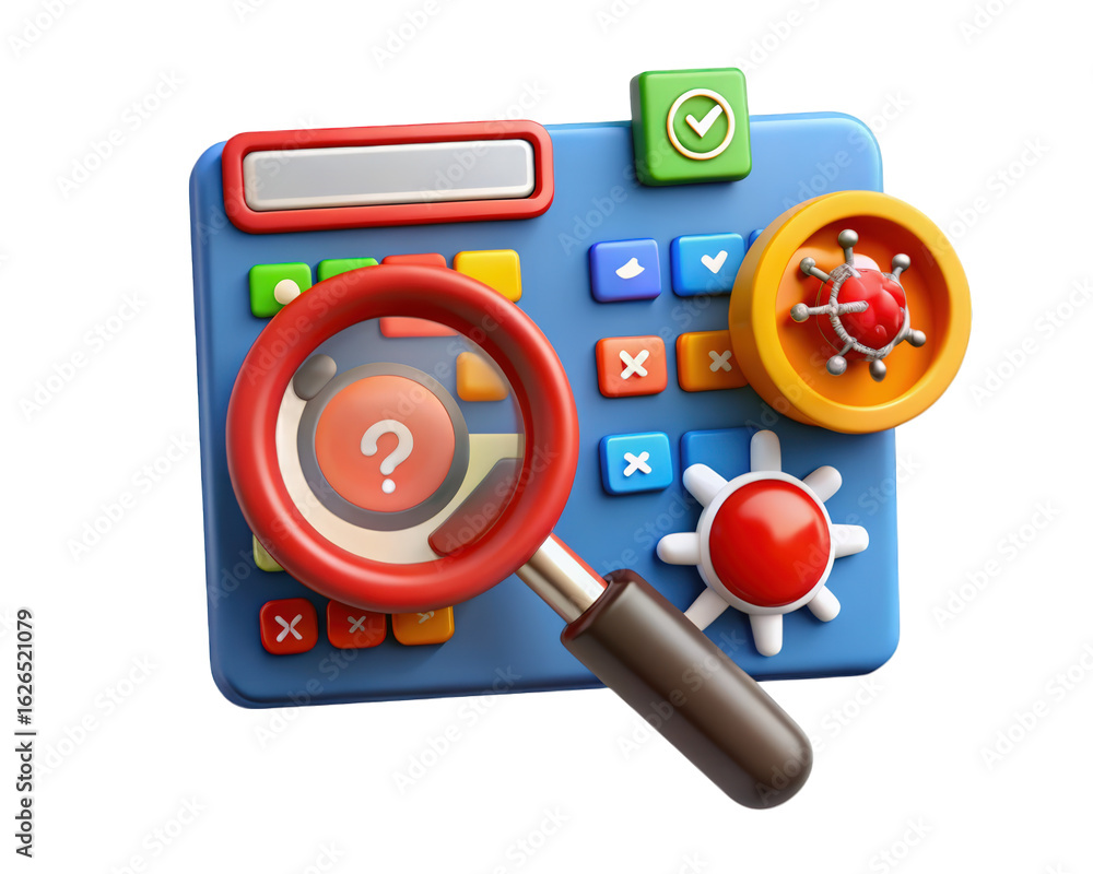 Poster virus detection and analysis using software colorful 3d render with magnifying glass question mark a
