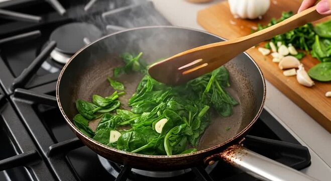 Cooking spinach with garlic in a pan on a gas stove with a wooden spatula stirring the ingredients