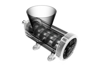 A high-resolution X-ray view of a modern meat grinder, revealing its intricate internal mechanisms. Perfect for industrial, food processing, or engineering concepts on a PNG Transparent HD Background.