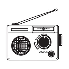 Black and white line art illustration of a vintage portable radio with an antenna and control knobs, isolated on white background.
