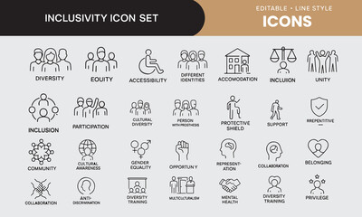 Inclusivity icon set. Thin line editable stroke icons for diversity, equity, accessibility, global community, multiple different gender and cultural identities,
