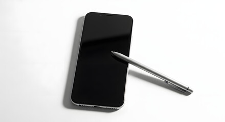 A minimalist black and white photograph of a modern smartphone and a digital stylus pen isolated on a clean white background.
