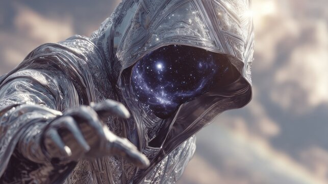 Silver figure hooded, with a starry galaxy where face should be, arm extending forward