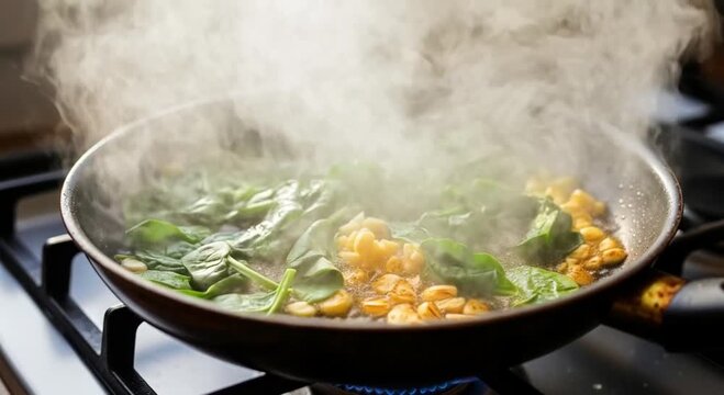 Spinach and garlic saut&eacute;ing in a pan on a gas stove with steam rising from the hot ingredients