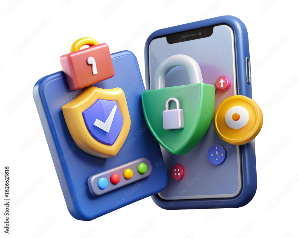 Aufkleber secure mobile data with 3d rendered phone model and safety icons for application protection