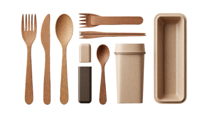 Wooden cutlery set in a  brown cardboard case with condiments