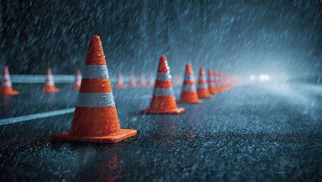 Orange traffic cones line a wet road at night. Heavy rain falls