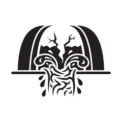 Black and white vector illustration of a broken arch or structure with stylized flowing elements, resembling water or tears, representing sorrow or a fractured landscape design element.