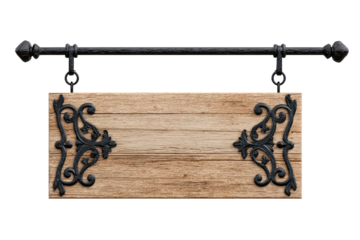 Rustic wooden sign with ornate black metal accents hanging from a rod
