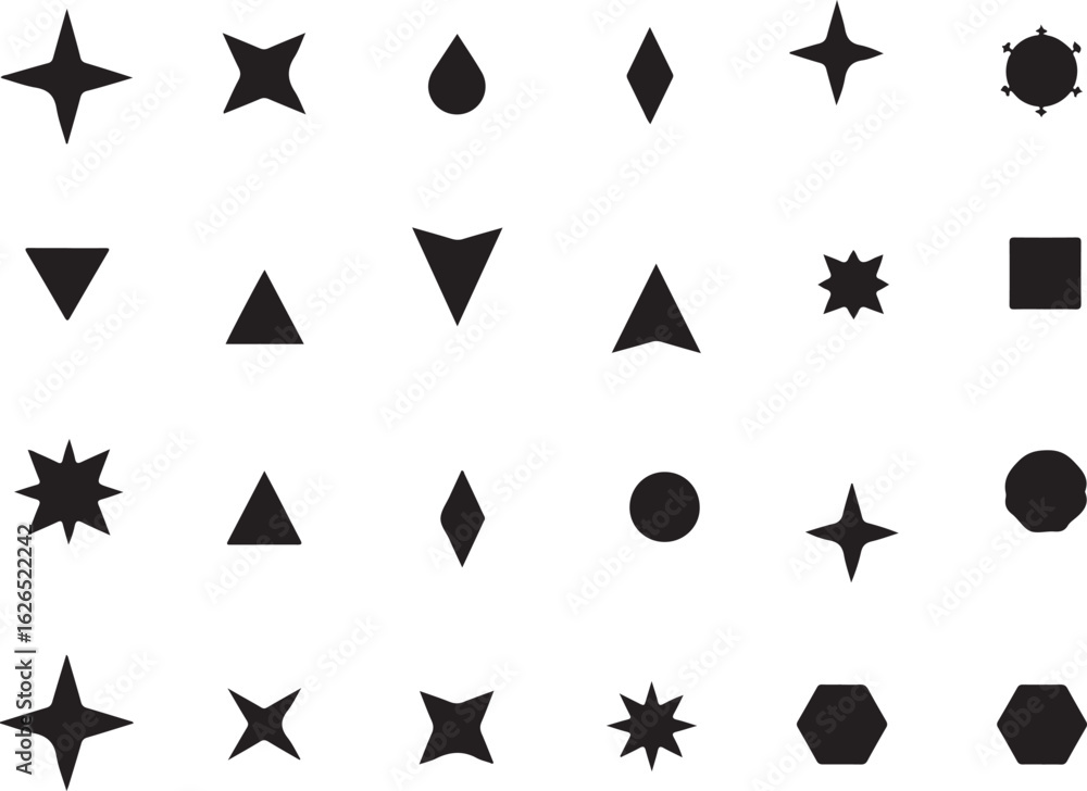 Poster assortment of black geometric shapes on a white background in a grid pattern