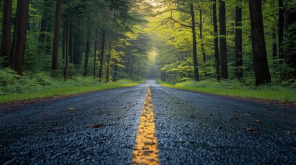Naklejka premium road in the green forest at sunset. beautiful nature scenery with empty road.