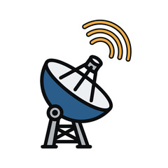 Colorful vector illustration of a satellite dish emitting signals, symbolizing global communication and modern technology on a clean white background.