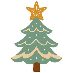 This is a flat vector illustration of a decorated Christmas tree with green branches, cream garland, white dots resembling snow, and a golden star on top.