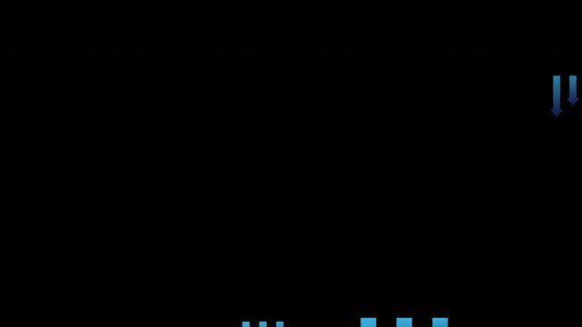Blue Downward Arrows Looping Animation on Black Background Showing Decrease or Negative Trend