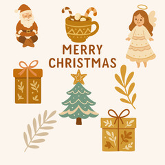 A charming flat-style Christmas-themed illustration set featuring Santa Claus meditating, a hot cocoa mug with candy canes, an angel, a Christmas tree, decorative gift boxes, and festive leaves on a l