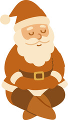 This is a cozy flat-style illustration of Santa Claus sitting cross-legged with eyes closed, appearing peaceful and meditative.
