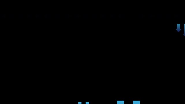Blue Downward Arrows Looping Animation on Black Background Showing Decrease or Negative Trend